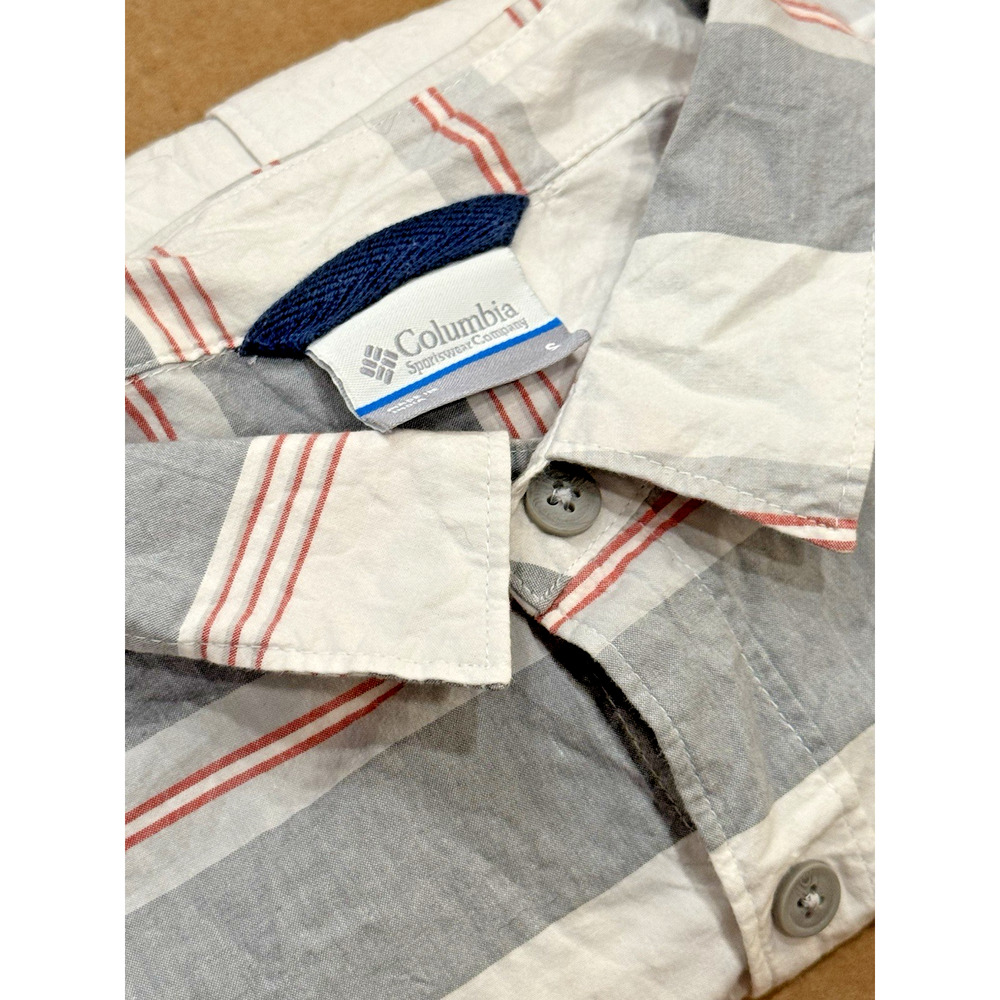 Columbia Mens S Short Sleeve Button Up Shirt White/Grey/Red Stripped Regular Fit